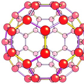 Rys. 1. Struktura fulerenu C60, składa się z 60 atomów węgla związanych w strukturę wielościenną, złożoną z pięciokątów i sześciokątów foremnych [1]