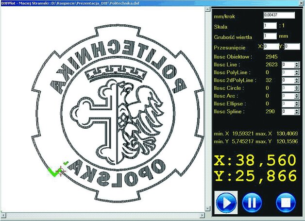 Rys. 3. Interfejs graficzny programu DXFPlot (linie zielone pokazują część wyfrezowaną)