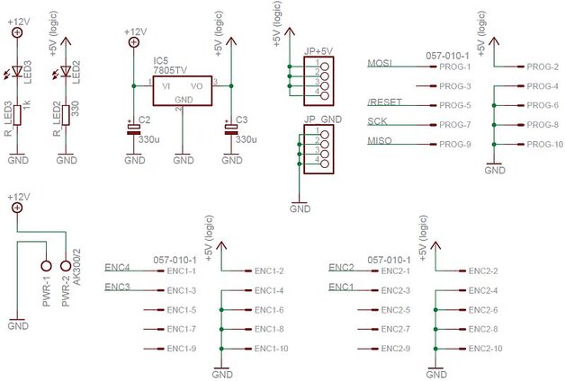Rys. 13. Schemat układu zasilania oraz podłączenia gniazd enkoderów i programatora [Scheme of power supply in engine controller]