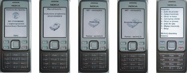 Rys. 7. Ekrany telefonu komórkowego podczas wyszukiwania robota LEGO, nawiązywania z nim połączenia i sterowania oraz ekran z pomocą